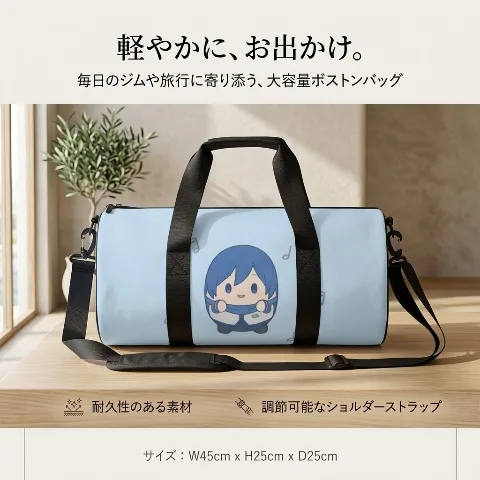Amuen Boston Bag Sports Bag, Large Capacity, Oxford Fabric, Anime Character All-over Print, Gym Fitness Travel Bag with Carry-on Function, Water-repellent, Lightweight, Highly Durable, Detachable Shoulder Strap, 2-Way Crossbody/Handbag, School/Commute, Yoga, Swimming, Club Activities, Training Camp, School Trip, Business Trip, Unisex, One Size, Kite-style Mascot Design, Light Blue