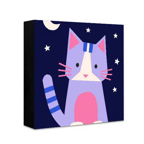 ArtDecor Cat Wood Block Wall Art, Cute Purple Kitten Box Sign for Kids Nursery Decor, Moon and Stars Night Sky Desktop Shelf Sitter, Durable MDF Wood Construction, 5.1 x 5.1 Inch Square