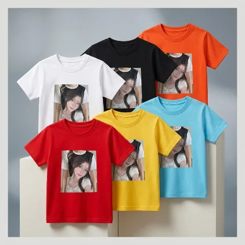 Jiyoumeng Children's Pure Cotton Short-Sleeve T-shirt, summer boys' and girls' creative portrait heat transfer print short-sleeve tee, 110g lightweight, soft, breathable, quick-drying base layer sports top, suitable for children 100cm-150cm tall for daily outdoor activities and casual wear. Features classic crew neck craftsmanship with double-needle drop-shoulder stitching for durability and shape retention. Eco-friendly reactive printing and dyeing, colorfast, skin-friendly, and hypoallergenic. High moisture-wicking and quick-drying properties keep it dry and non-sticky in summer, shrink-resistant. Available in multiple colors including black and white, trendy, versatile, and stylish kids' clothing. Suitable for custom class uniforms, school uniforms, parent-child outfits, outdoor group activities, and basic base layers.