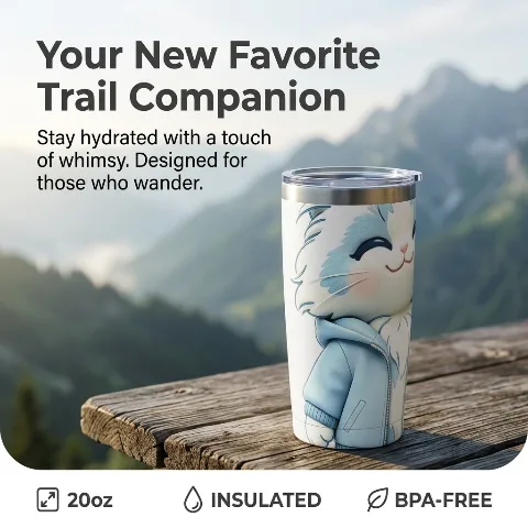 PawfectGifts Insulated Stainless Steel Tumbler, 20oz Travel Coffee Mug with Cute Blue Cat Graphic, Car Cup Holder Friendly, Vacuum Insulated for Hot and Cold Drinks, BPA Free Lid, Gift for Cat Lovers