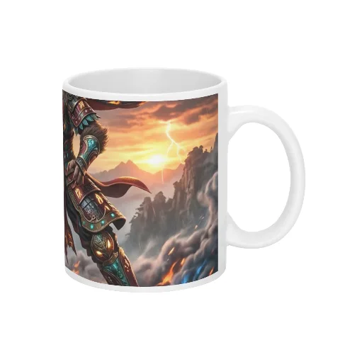 Ceramic mug, warrior game character pattern, white coffee cup, heat-resistant ceramic drinkware, high-quality printing, 3.14-inch diameter, 3.8-inch height