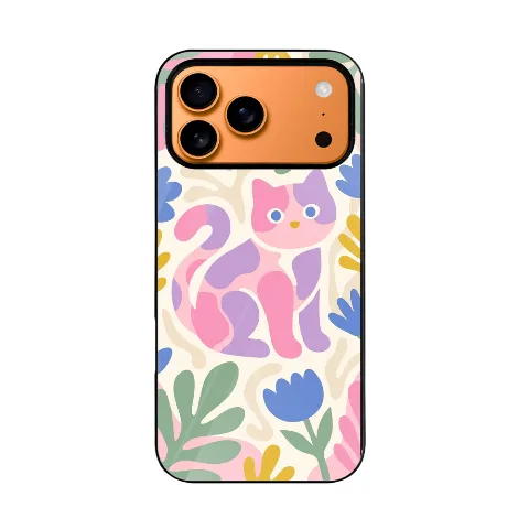 TPU phone case, colorful cat and floral pattern, suitable for 6.5-inch phones, durable protective material, slim design, black border for enhanced protection, precise cutouts for convenient use