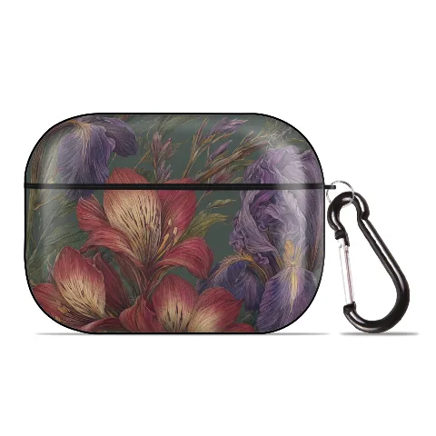 BloomGuard AirPods Pro Case, Hard PC Shell, Vintage Iris Floral Design, Compatible with AirPods Pro 2nd 1st Gen, Shockproof, Carabiner Keychain, Wireless Charging, Black Floral, 2.55in