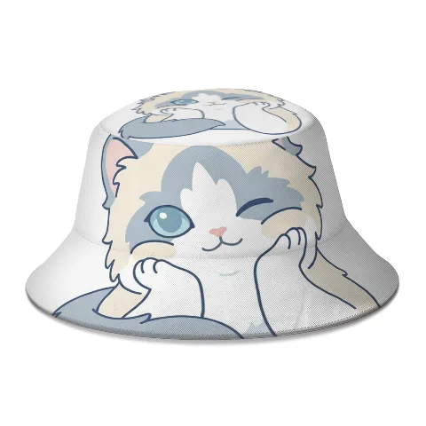 Generic Bucket Hat, White Ragdoll Cat Graphic Sun Cap, Polyester Outdoor Headwear for Women and Men, 58cm Circumference, Lightweight Summer Fishermen Hat, 8cm Height with 6.5cm Brim Width