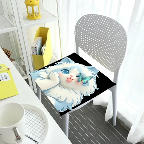 Generic Cat Chair Pad, Soft Polyester Seat Cushion, 16x15 Inch Cute Fluffy Kitten with Butterfly Graphic, Indoor Dining Room and Office Use, Durable Non-Slip Design, Machine Washable White Cover