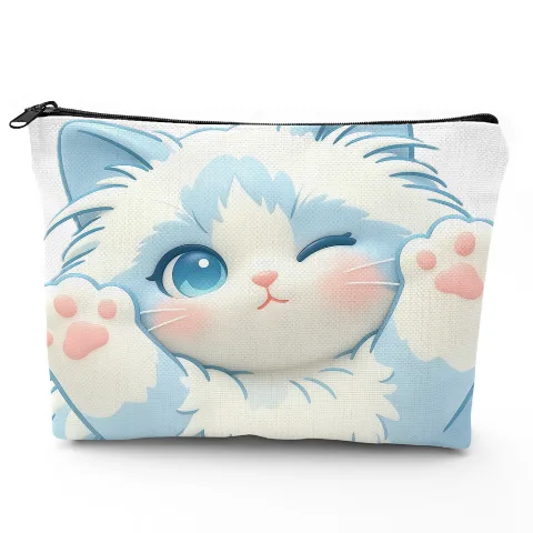Linen Cat Design Cosmetic Bag – Cute Cat Face Print Pouch for Travel & Makeup, Durable Natural Linen Fabric, White, 9x7 Inch, Lightweight & Portable