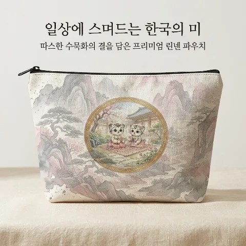 Artiso Linen Cosmetic Pouch, Traditional Korean-style Watercolor Tiger Illustration Character Zipper Bag, Women's Travel Multi-purpose Accessory Storage Bag, Makeup Brush & Cosmetic Organizer Case, Lightweight and Durable Eco-friendly Linen Portable Mini Bag, Spacious Storage Capacity for Convenient Organization during Daily Outings and Travel, Hygienic Hand-washable Design, Recommended for Birthday/Anniversary Gifts for Friends