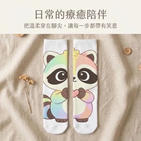 JoyWalk Rainbow Raccoon Print Mid-Calf Socks, casual socks with cute cartoon patterns spliced on both feet, 100% polyester breathable moisture-wicking athletic socks, high-elastic anti-slip cuffs that don't constrict the legs, unisex one-size-fits-all white fun couple knit socks, suitable for daily home, office, sports, and travel wear, soft, wear-resistant, durable, and resistant to pilling and deformation, printed with eco-friendly and safe dyes to prevent fading, featuring clear and vibrant cartoon animal patterns, easy to pair with sneakers, casual shoes, and leather shoes, individually packaged, suitable for all seasons, a thoughtful, practical, and creative gift for holidays and birthdays.