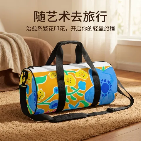 450g Oxford cloth handbag, large-capacity lightweight shoulder sports bag, suitable for fitness, swimming, yoga, and travel, with a multi-functional luggage trolley sleeve, comfortable adjustable crossbody strap, and all-over fashion print design.