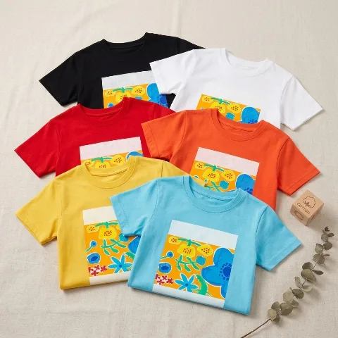 Branded children's short-sleeved T-shirt, 110g pure cotton summer breathable unisex tee for boys and girls, 100-150cm artistic cartoon print top for school-age children. Skin-friendly, soft, high-count cotton with double-needle stitching for durability and shrink resistance. Classic crew neck, regular fit, unrestricted movement for school, sports, and daily life. Highly moisture-wicking and breathable to keep children cool and dry all day. Available in black, white, red, and other colors to suit various styling needs. Personalized artistic single-sided heat transfer print with vibrant, long-lasting colors that won't peel. Perfect for daily wear in multiple settings.