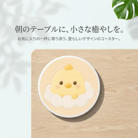 NatureBase Ceramic Coasters, Round, Set of 2, 4, or 6, Non-slip cork backing, absorbent, heat-resistant, scratch-resistant, cute chick and white cloud design, suitable for mugs, glasses, beer glasses, teacups, and coffee cups, for home, dining table, desk, office, cafe, and bar use, easy to clean, stain-resistant, prevents condensation, quick-drying, moisture-proof, mold-resistant, perfect for housewarming and moving gifts.