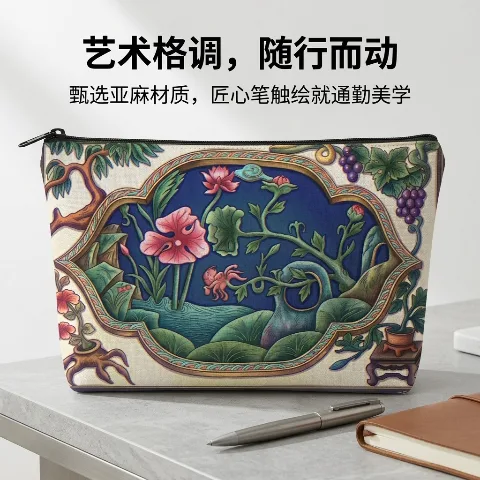 Ningxia Intangible Cultural Heritage floral pattern linen cosmetic bag