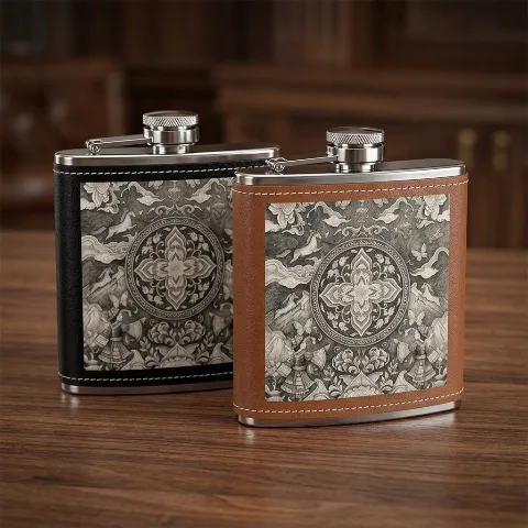 Classic 304 stainless steel hip flask, 6oz portable mini liquor bottle, vintage exquisite character and horse print decoration, food-grade safe material with strong leak-proof design, suitable for storing whiskey, vodka, and spirits, high-end black leather-textured wrap finish, a must-have for outdoor travel, camping, fishing, and sports, practical gift for Father's Day, groomsmen, weddings, and graduation, compact ultra-thin pocket size for easy concealed carry, creative personalized men's business companion drinkware, sturdy, durable, drop-resistant, and easy to clean.