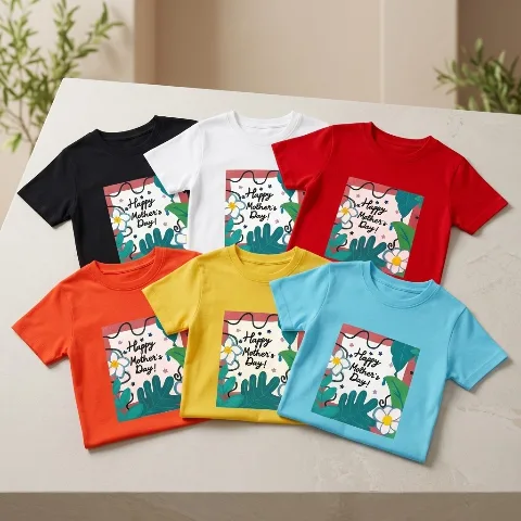 Joyful Kids children's short-sleeve T-shirt, 110g pure cotton breathable and moisture-wicking crew neck top, Mother's Day happy hand-drawn art print design, suitable for boys and girls from 100-150cm tall and older children, skin-friendly soft and breathable all-cotton fabric, double-needle reinforced taped seams at the neckline and shoulders for durability and anti-deformation, classic regular fit cut without a center crease for extra comfort, versatile short-sleeve for daily wear, home, school, and sports, available in a variety of fresh colors including black, white, and pink, a creative gift choice for children's holidays, birthdays, and Mother's Day, comfortable and dry all-day wearing experience.