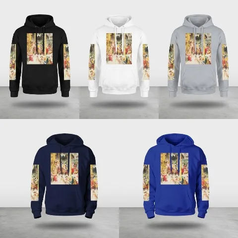 Men's hooded sweatshirt, polyester pullover hoodie, partial print design, available in various colors, comfortable and skin-friendly fabric, resistant to shrinkage and wear, kangaroo pocket.