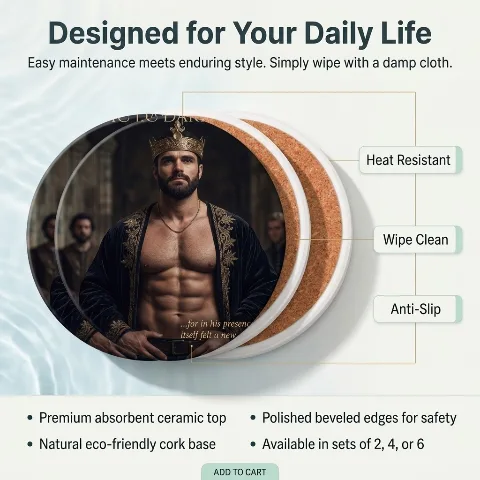 LuxDecor Ceramic Coasters for Drinks, Absorbent Stone Cup Mats with Non-Slip Cork Base, Dark Fantasy King Decorative Tableware, Heat Resistant Furniture Protection, Gift for Book Lovers, Set of 6